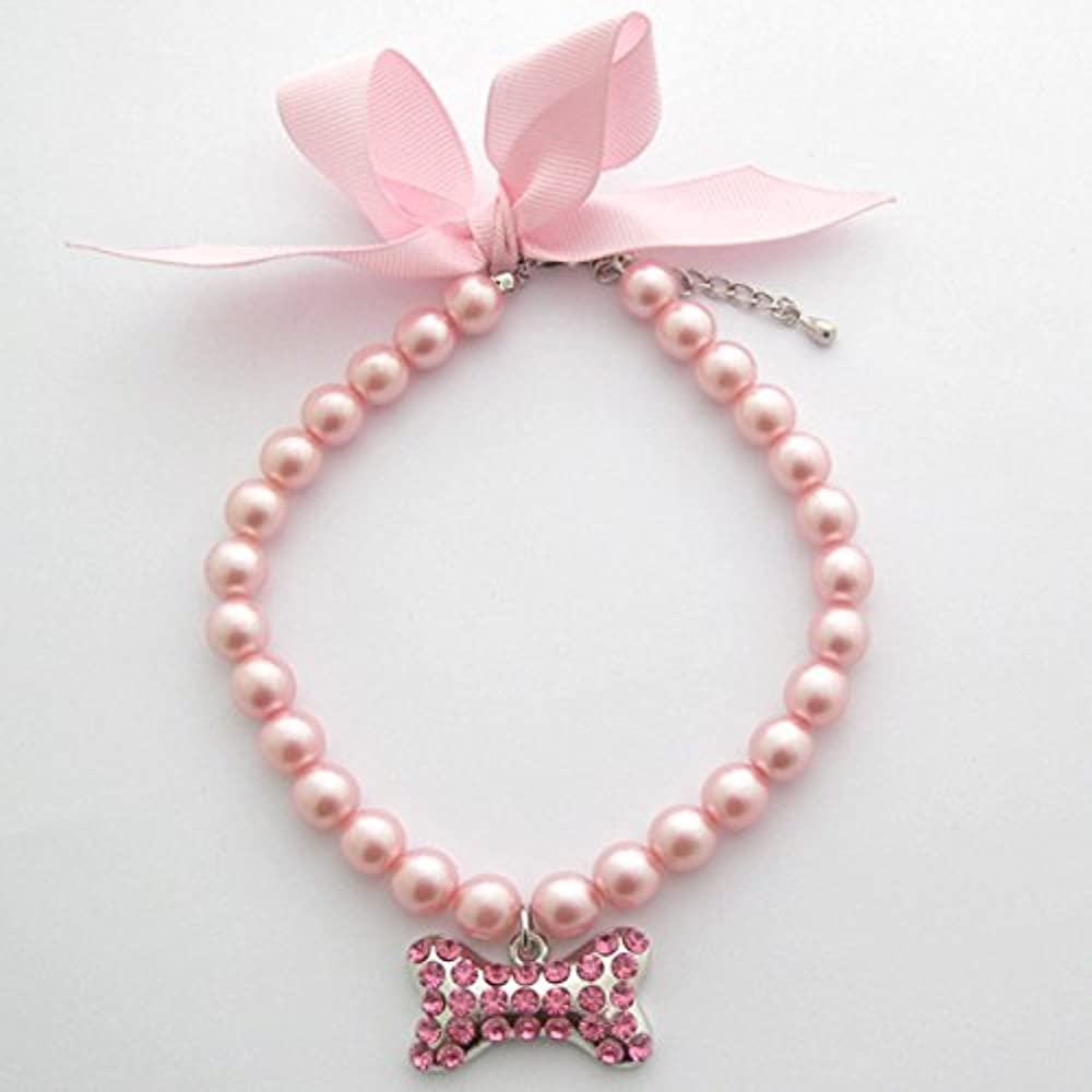 Fancy Pearls Crystal Pet Cat Dog Necklace Jewelry with Bling Rhinestones Big Bone Charm for Pets Cats Small Dogs Female Puppy Chihuahua Yorkies Girl Costume Outfits, Adjustable
