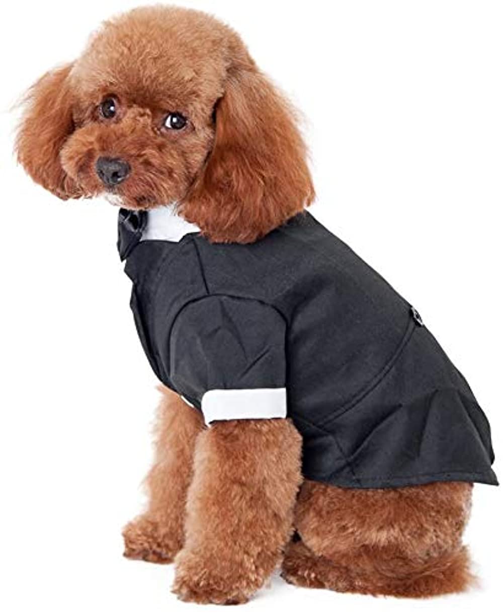 Dog Shirt Puppy Pet Small Dog Clothes, Stylish Suit Bow Tie Costume, Wedding Shirt Formal Tuxedo with Black Tie, Dog Prince Wedding Bow Tie Suit