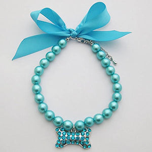 Fancy Pearls Crystal Pet Cat Dog Necklace Jewelry with Bling Rhinestones Big Bone Charm for Pets Cats Small Dogs Female Puppy Chihuahua Yorkies Girl Costume Outfits, Adjustable