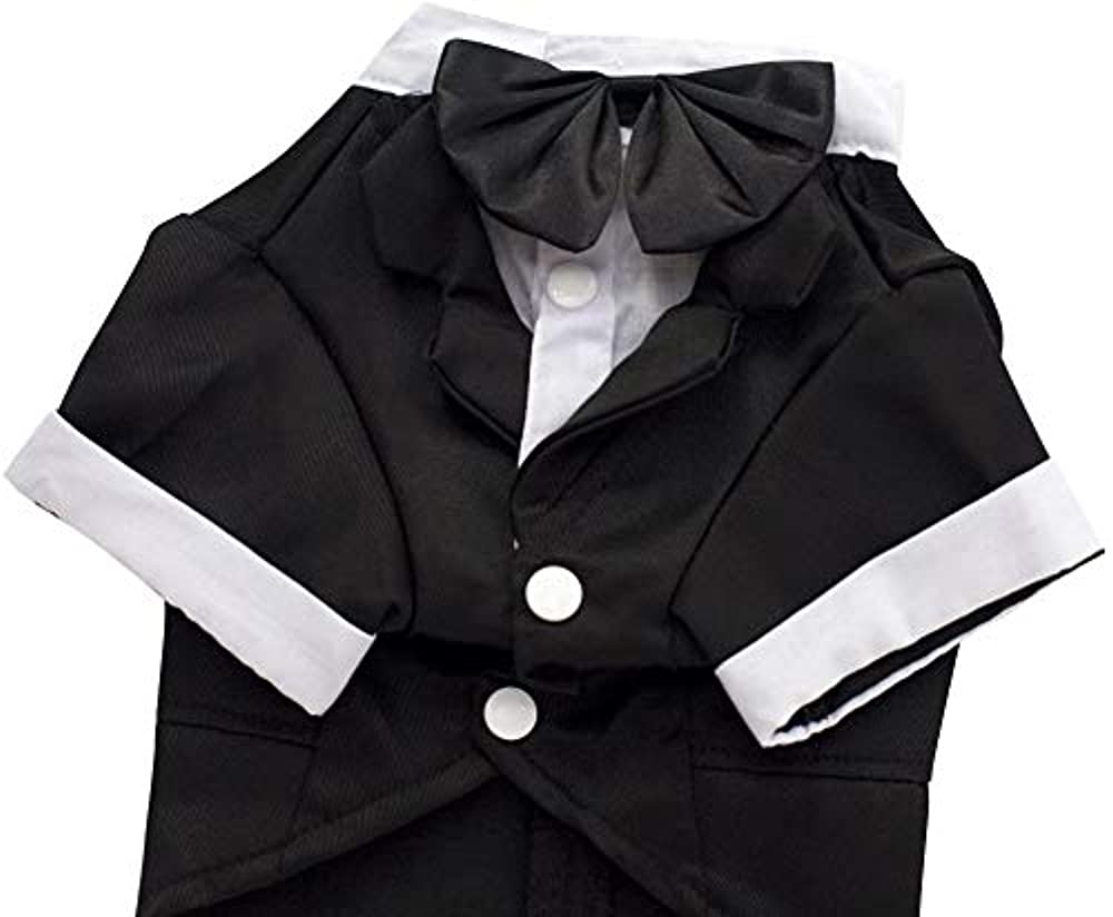 Dog Shirt Puppy Pet Small Dog Clothes, Stylish Suit Bow Tie Costume, Wedding Shirt Formal Tuxedo with Black Tie, Dog Prince Wedding Bow Tie Suit