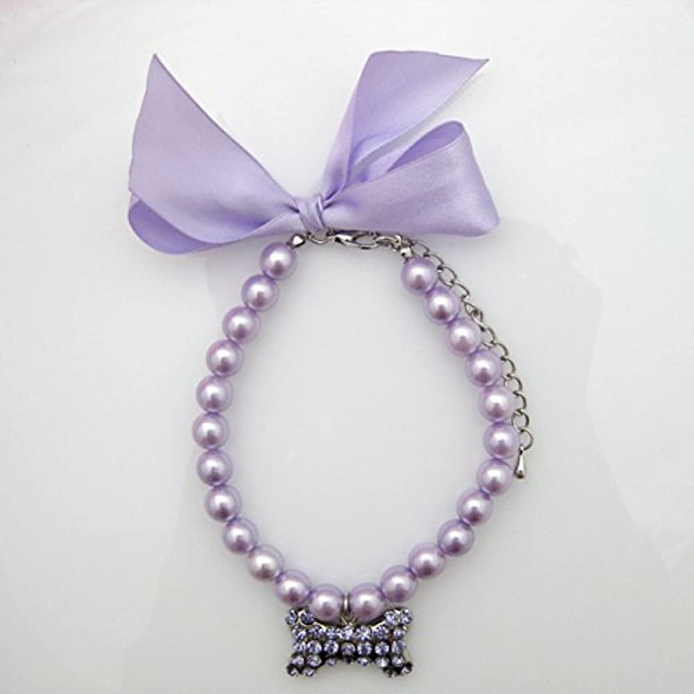 Fancy Pearls Crystal Pet Cat Dog Necklace Jewelry with Bling Rhinestones Big Bone Charm for Pets Cats Small Dogs Female Puppy Chihuahua Yorkies Girl Costume Outfits, Adjustable