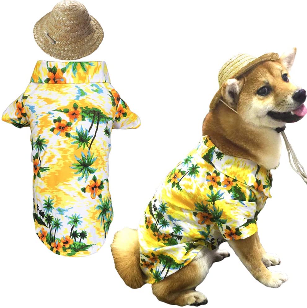 Pet Dog T-Shirt Summer Camp Clothes Apparel with Straw Hat for Small Medium Large Dog Puppies Cats